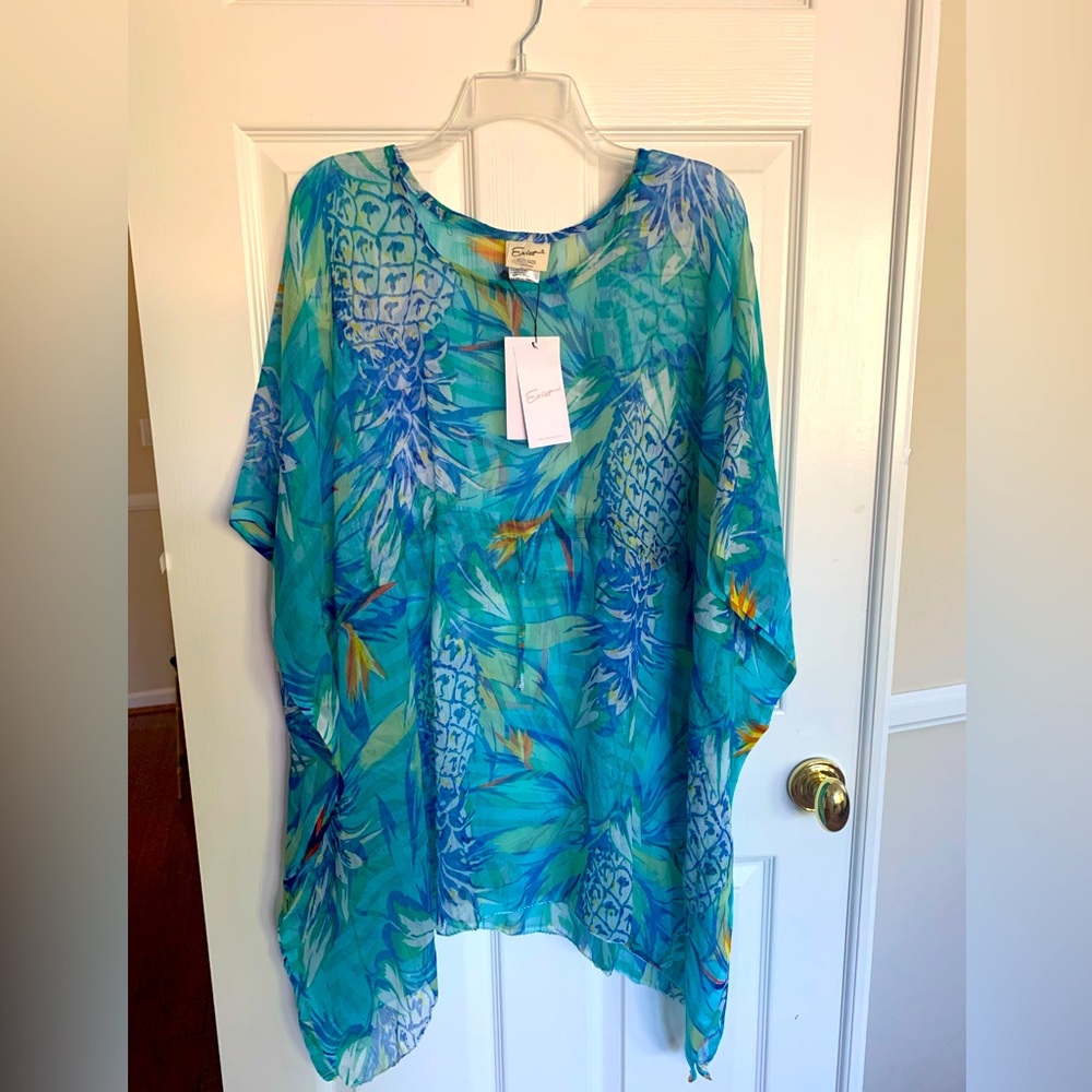 NWT Exist Blue Sheer Coverup: Pineapple Print, Square Shape, Tie Belt, One Size